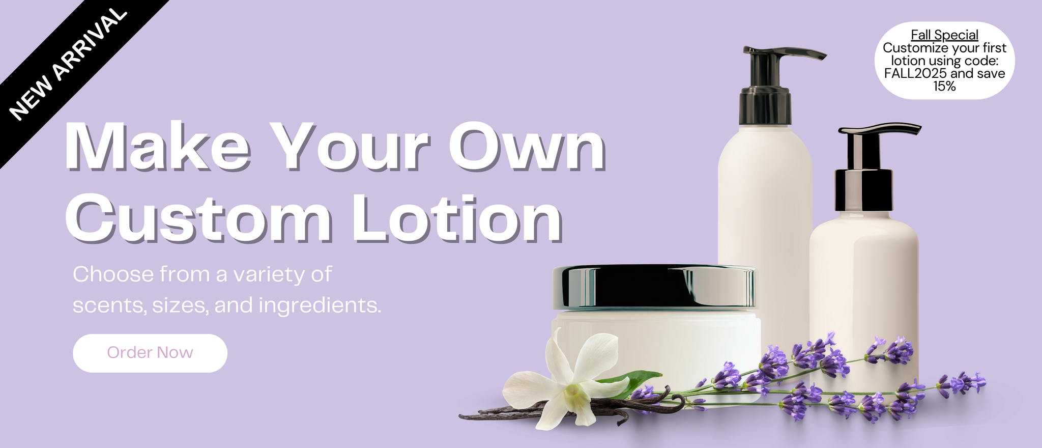Promotional image for making custom lotion with bottles and lavender on a purple background